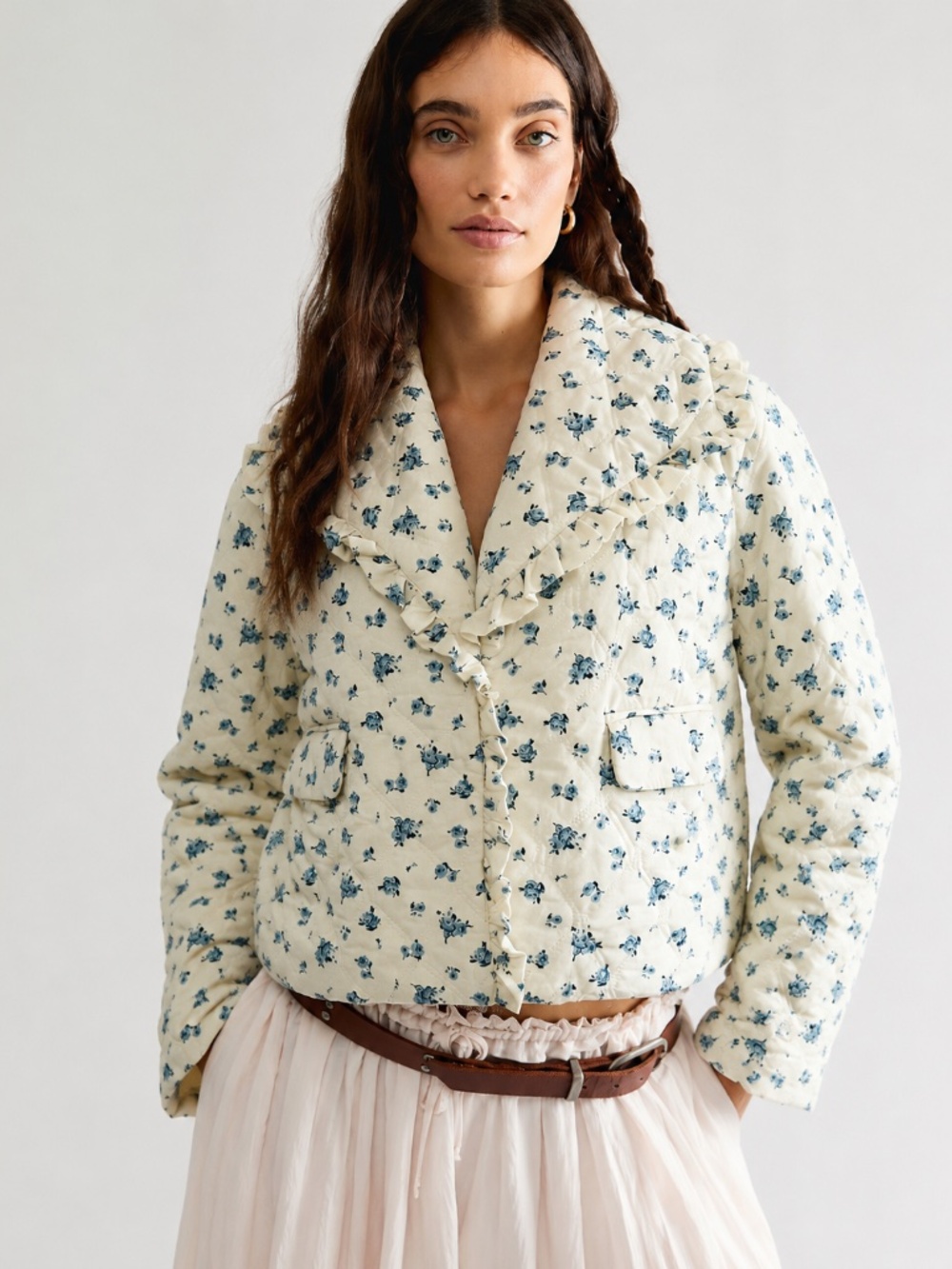 Storia Blue Rose Quilted Puff Jacket Women S Floral Ruffle Cottagecore Coquette